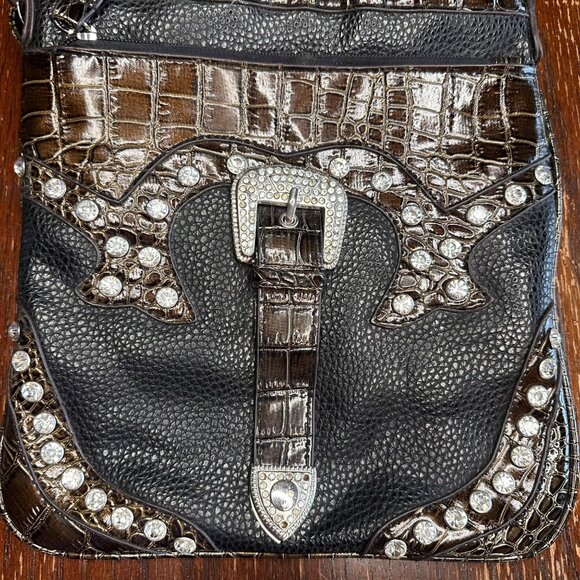 Western Style Rhinestone Faux Reptile Skin Black Silver Crossbody Bag Purse - Picture 2 of 9